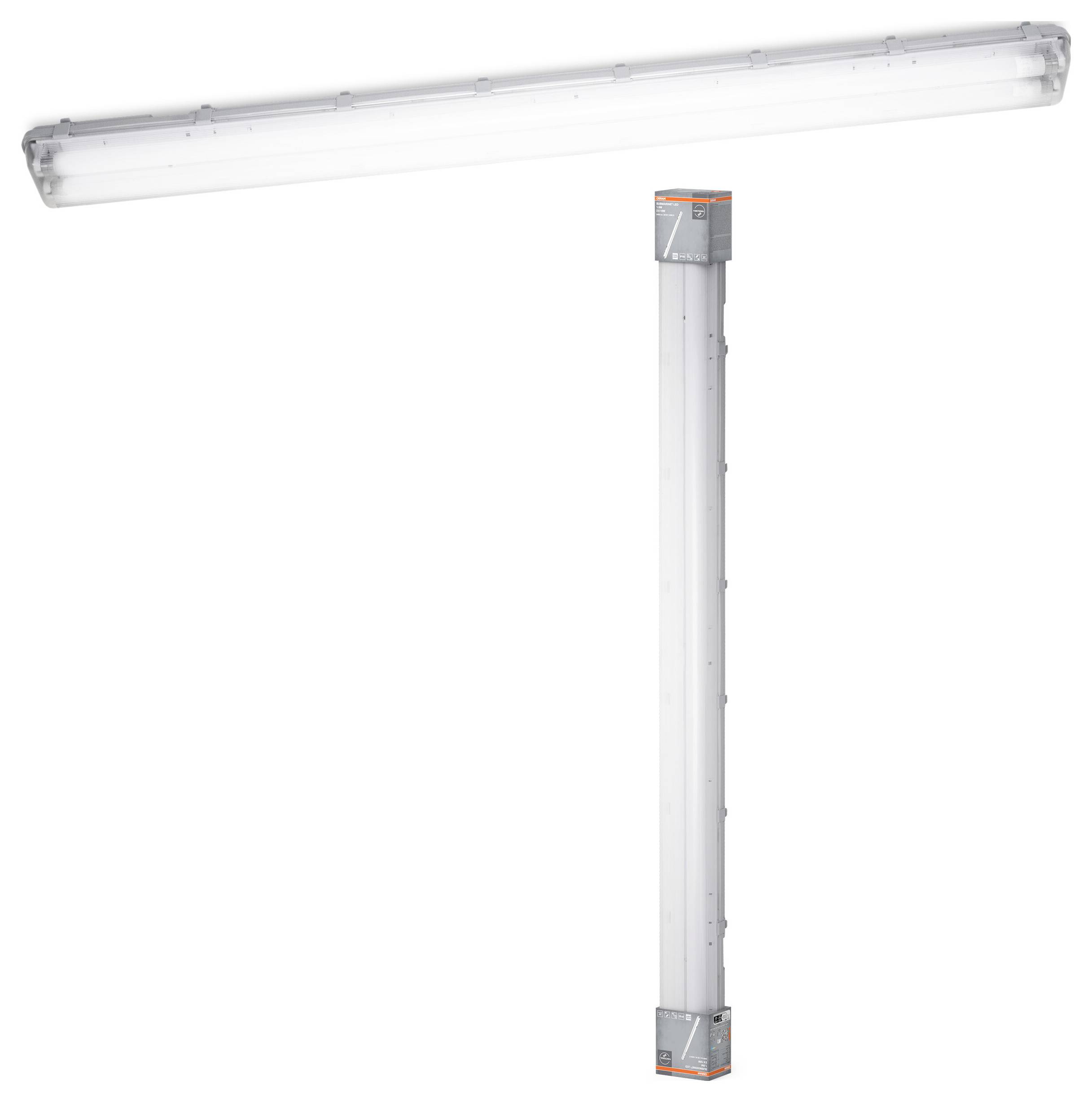 Lange LED-Leuchte mit rechteckigem Gehäuse, geeignet für industrielle Anwendungen, zeigt robustes Design für Beleuchtungszwecke.
