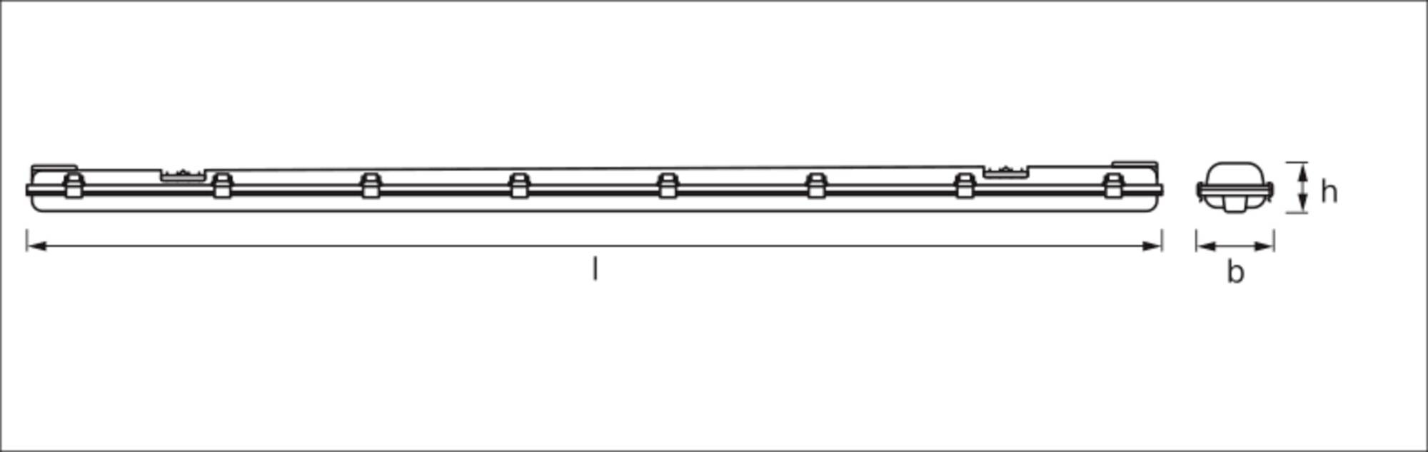 Technische Zeichnung einer langen, schmalen Leuchte mit den Abmessungen Länge (l), Breite (b) und Höhe (h). Draufsicht und Seitenansicht.