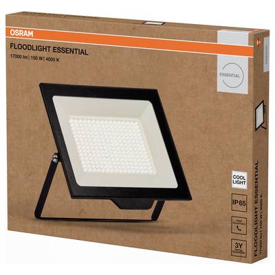 Verpackung einer Osram Floodlight Essential Lampe, 17000 lm, 150 W, 4000 K. Zeigt Bild der Lampe, IP65, 3 Jahre Garantie.