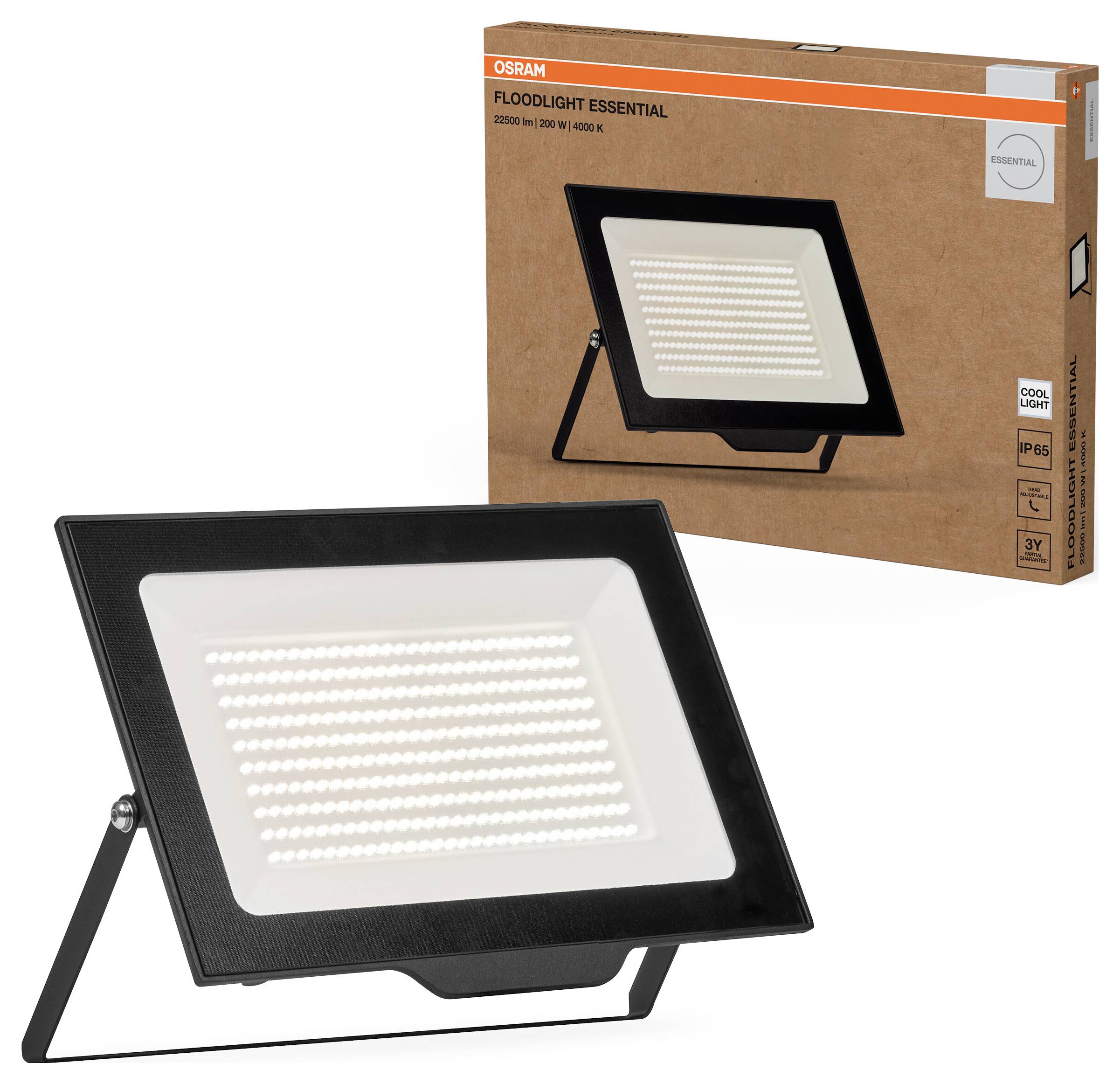 Eine LED-Flutlichtleuchte von OSRAM vor der Verpackung, die Produktdetails und Leuchtkraftgrafiken zeigt.