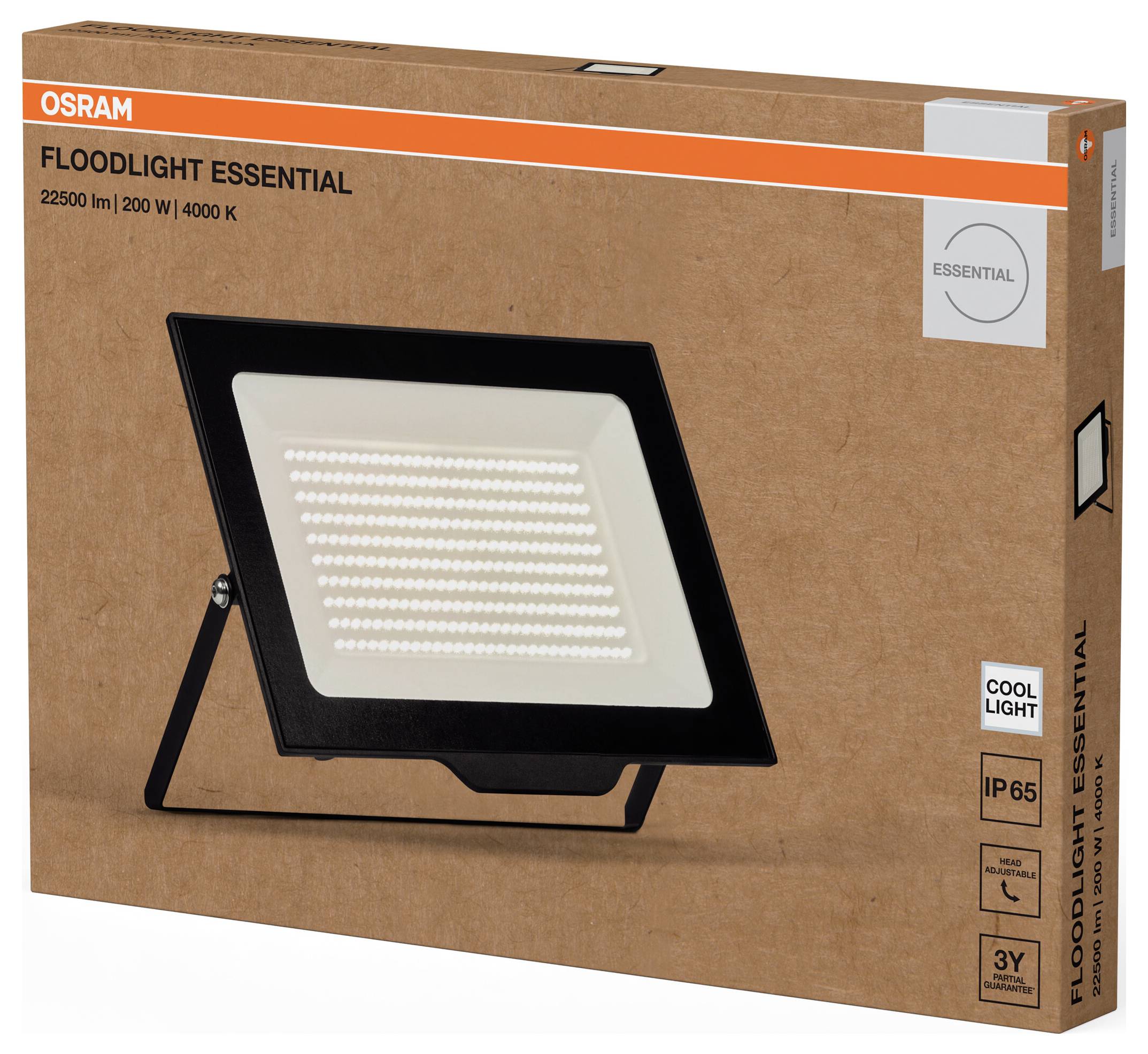 Ein Karton mit der Abbildung eines OSRAM LED-Flutlichts, Modell 'Floodlight Essential', 22500 lm, 200 W, 4000 K, IP65.