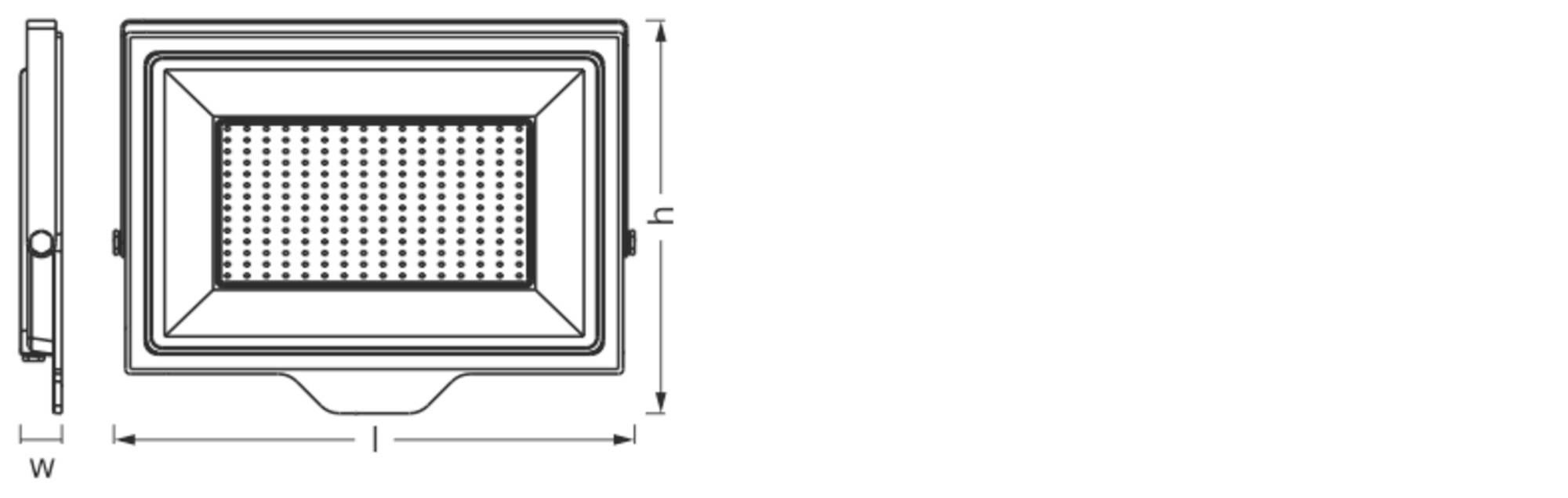 Technische Zeichnung eines rechteckigen Flutlichtstrahlers mit seitlicher und frontaler Ansicht, markiert mit 'H' und 'W' für Höhe und Breite.