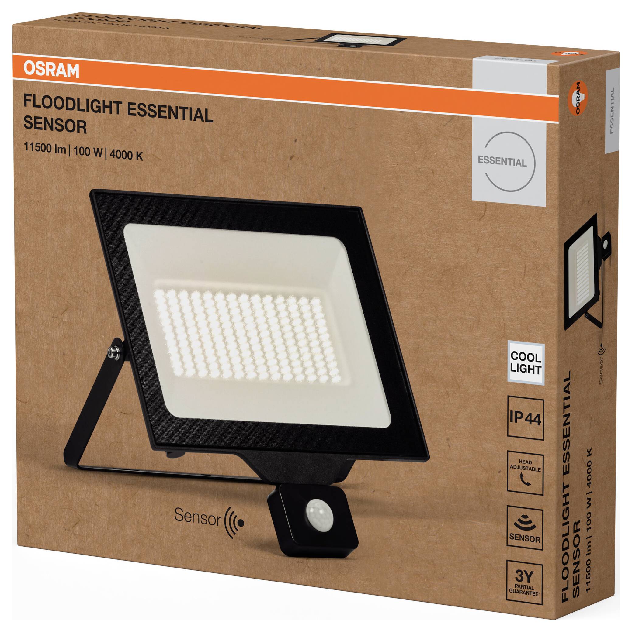 Flutlicht von Osram mit Sensor, 11500 Lumen, 100 Watt, 4000 Kelvin. Geeignet für Außenbereiche, IP44-Schutz, 3 Jahre Garantie.