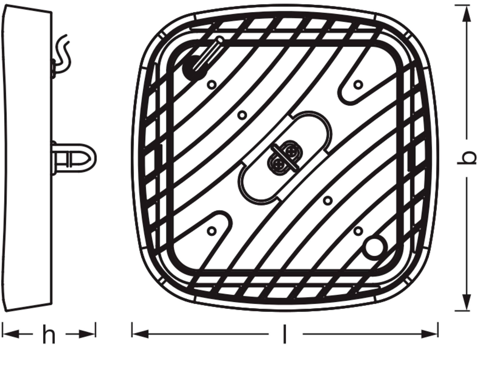 Technische Zeichnung eines quadratischen Accessoires mit Maßen 'l' und 'b'. Seitenansicht zeigt Höhe 'h'. Linienmuster und Befestigungselemente sichtbar.