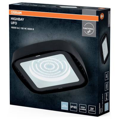 Schwarzer quadratischer LED-Hallenfluter 'Highbay UFO' mit starken 16500 Lumen und 130 W, 6500 K Farbtemperatur, auf Verpackung abgebildet.