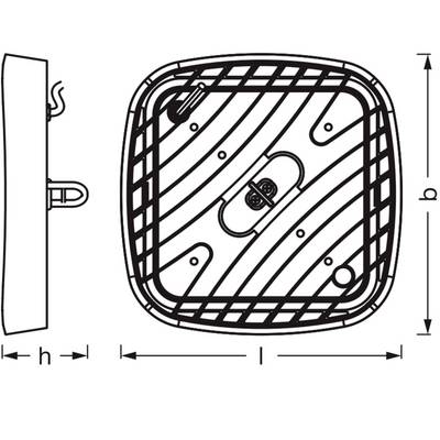 Technische Zeichnung eines quadratischen Bauteils mit Wellenlinienmuster. Zeigt Draufsicht und Seitenansicht mit Beschriftungen b, h, l.