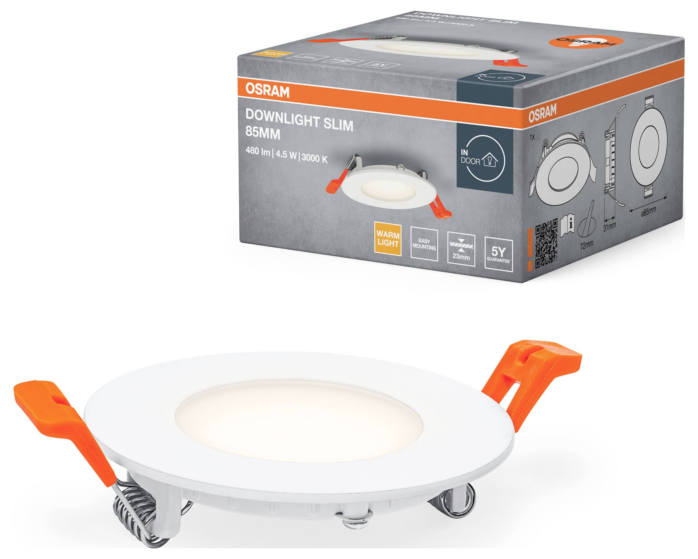 'Rund, weißes LED-Downlight mit orangefarbenen Clips, 85 mm Durchmesser. Verpackung mit Produktbild und Text: Osram Downlight Slim.'