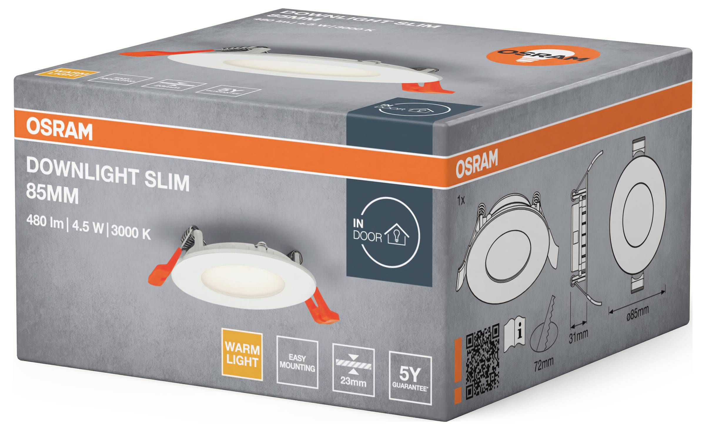 Die Verpackung zeigt ein 'OSRAM Downlight Slim' mit 85mm Durchmesser, warmweißem Licht und 5 Jahren Garantie, geeignet für Innenräume.