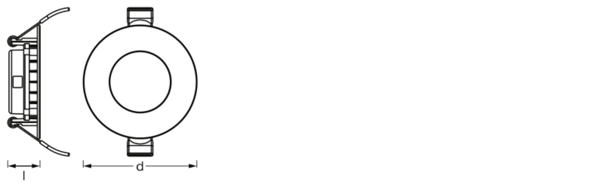 Einbauleuchte mit runder Abdeckung. Links seitliche Ansicht mit Maßen, rechts Draufsicht. Zeigt Design und Dimensionen der Leuchte.