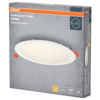 Osram LED-Downlight Slim, 225mm, 2400 lm, 22W, 3000K, für Innenräume geeignet. Verpackung zeigt ein rundes, flaches Design.
