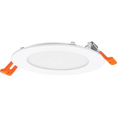 Runde LED-Deckenleuchte mit weißem Rahmen und orangefarbenen Klemmen zur Befestigung an der Decke.