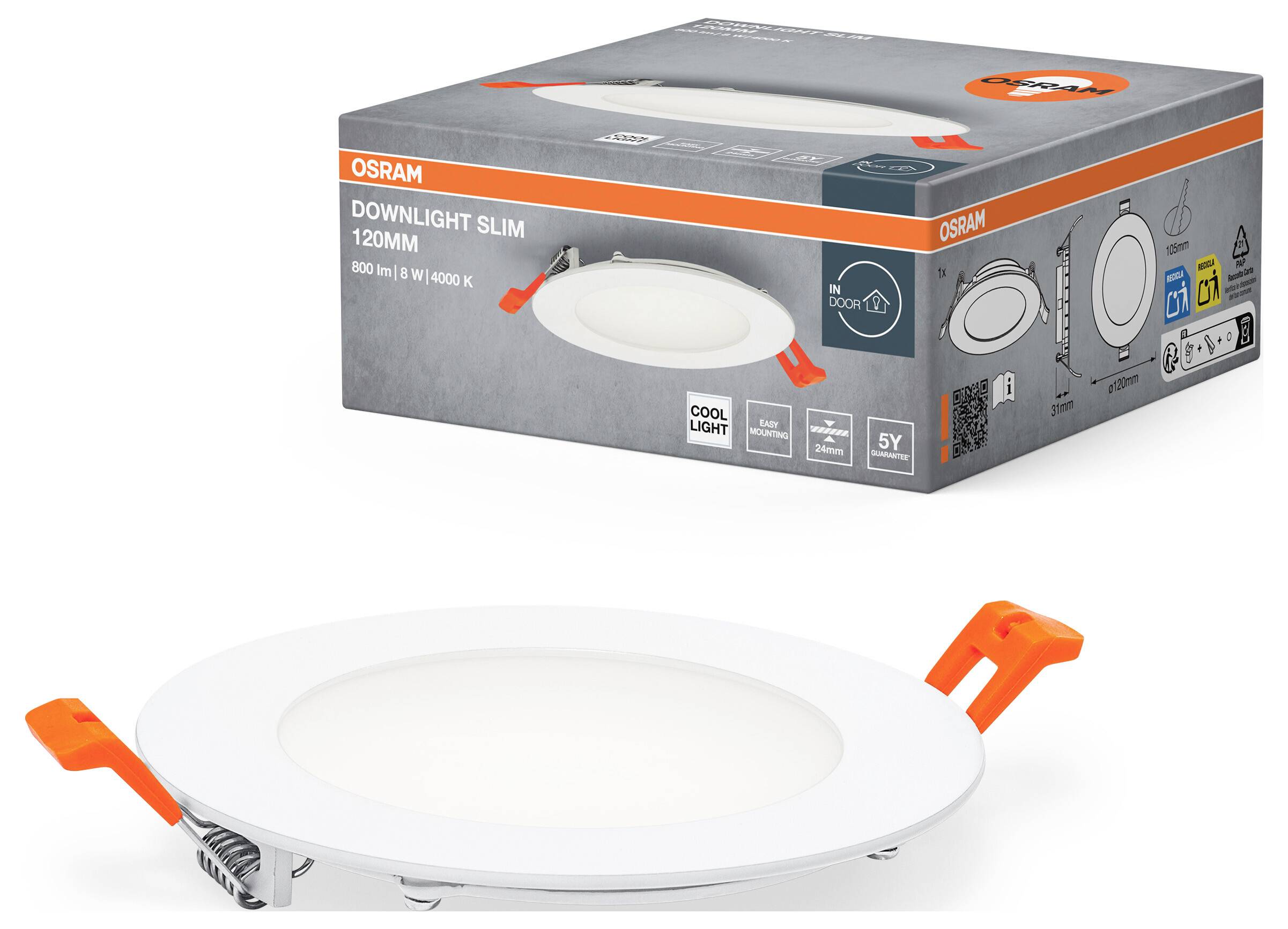 'Rundes LED-Downlight SLIM 120mm' mit Verpackung im Hintergrund, Osram-Logo, cooles Licht, 650 lm, 8W, 4000K, Bild zeigt Lampe und Karton.