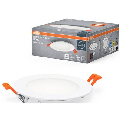 'Rundes LED-Downlight SLIM 120mm' mit Verpackung im Hintergrund, Osram-Logo, cooles Licht, 650 lm, 8W, 4000K, Bild zeigt Lampe und Karton.