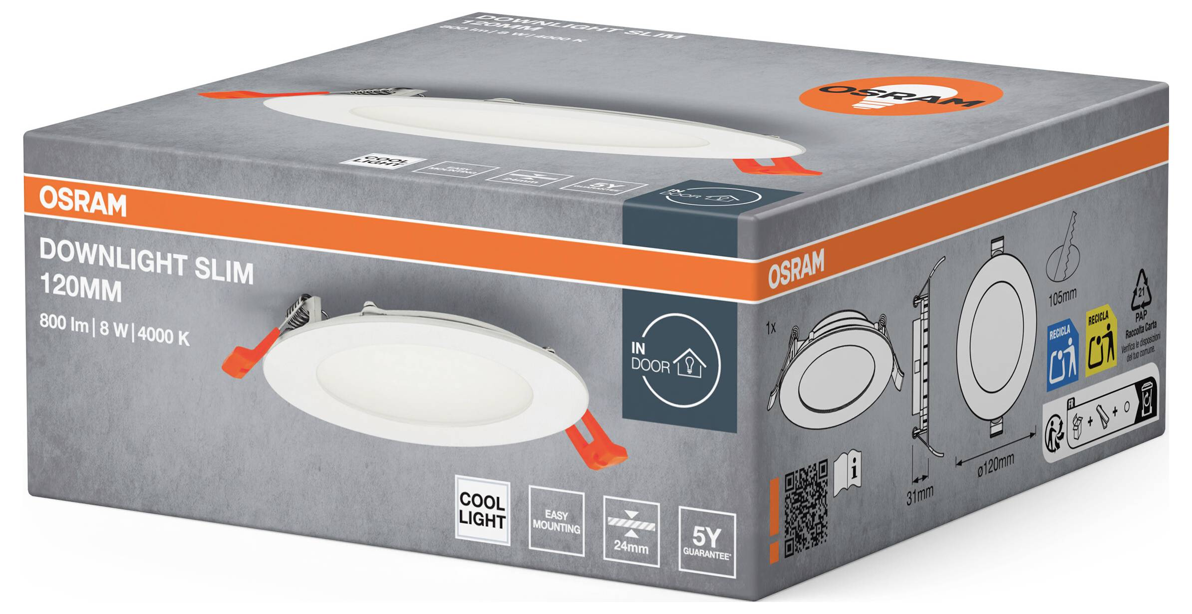 Eine graue Verpackung von OSRAM zeigt einen runden LED-Downlight-Slim mit 120 mm Durchmesser, 800 Lumen, 8 W und 4000 K, geeignet für Innenräume.