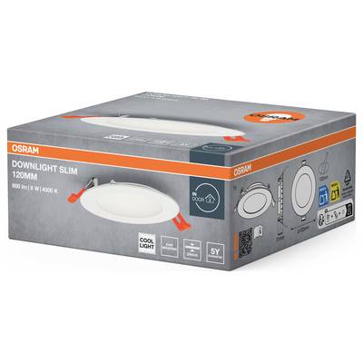 Eine graue Verpackung von OSRAM zeigt einen runden LED-Downlight-Slim mit 120 mm Durchmesser, 800 Lumen, 8 W und 4000 K, geeignet für Innenräume.