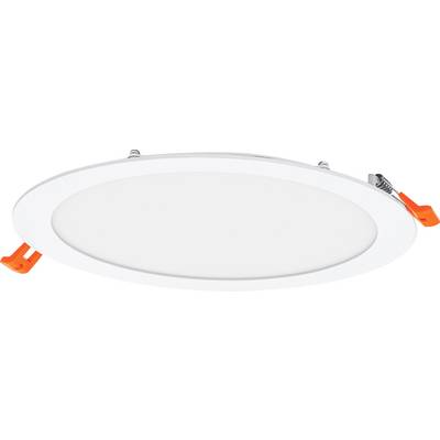 Runde, flache LED-Deckenleuchte in Weiß mit zwei orangefarbenen Klammern an den Seiten. Geeignet für moderne Innenraumbeleuchtung.