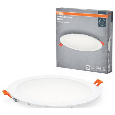 Ein flaches, rundes Einbau-LED-Downlight mit kühlem weißem Licht, 225 mm Durchmesser. Verpackung zeigt Produktdetails von OSRAM.