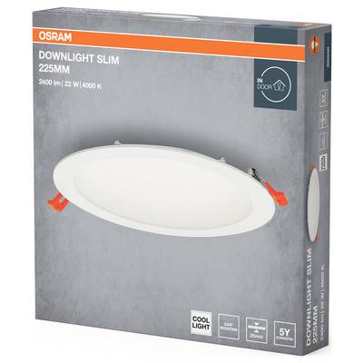Verpackung einer Osram Downlight Slim Lampe, 225 mm, 2400 lm, 22 W, 4000 K. Inklusive Montageanleitung und 5 Jahre Garantie.