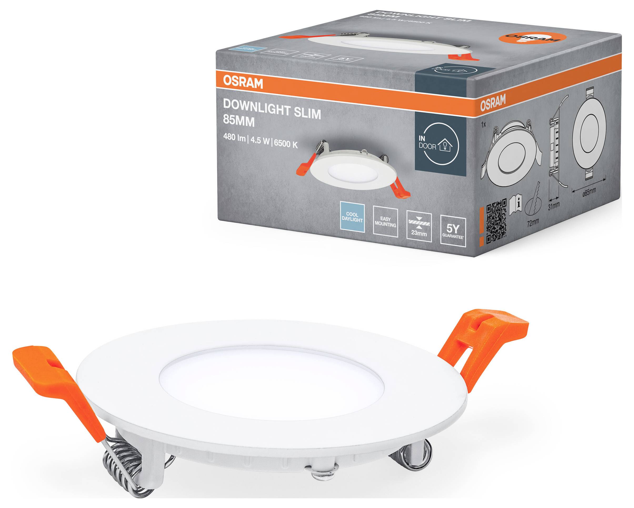 Eine schlanke LED-Deckenleuchte von Osram, 85mm Durchmesser, auf weißem Hintergrund abgebildet. Die Verpackung zeigt Produktdetails.