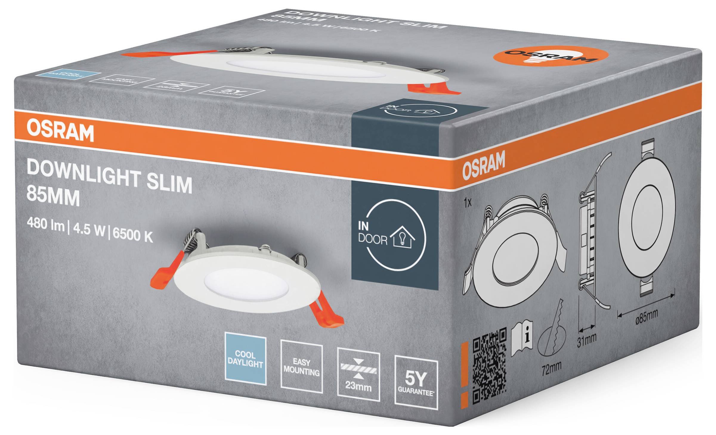 Verpackung einer Osram LED-Downlight-Lampe mit 85 mm Durchmesser, 4,5 W, 6500 K, mit Abbildungen der Lampe und Installationshinweisen.