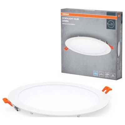 Eine Osram Downlight Slim Leuchte mit einem Durchmesser von 225 mm, 2960 Lumen, 22 W, 6500 K, abgebildet auf der Verpackung.