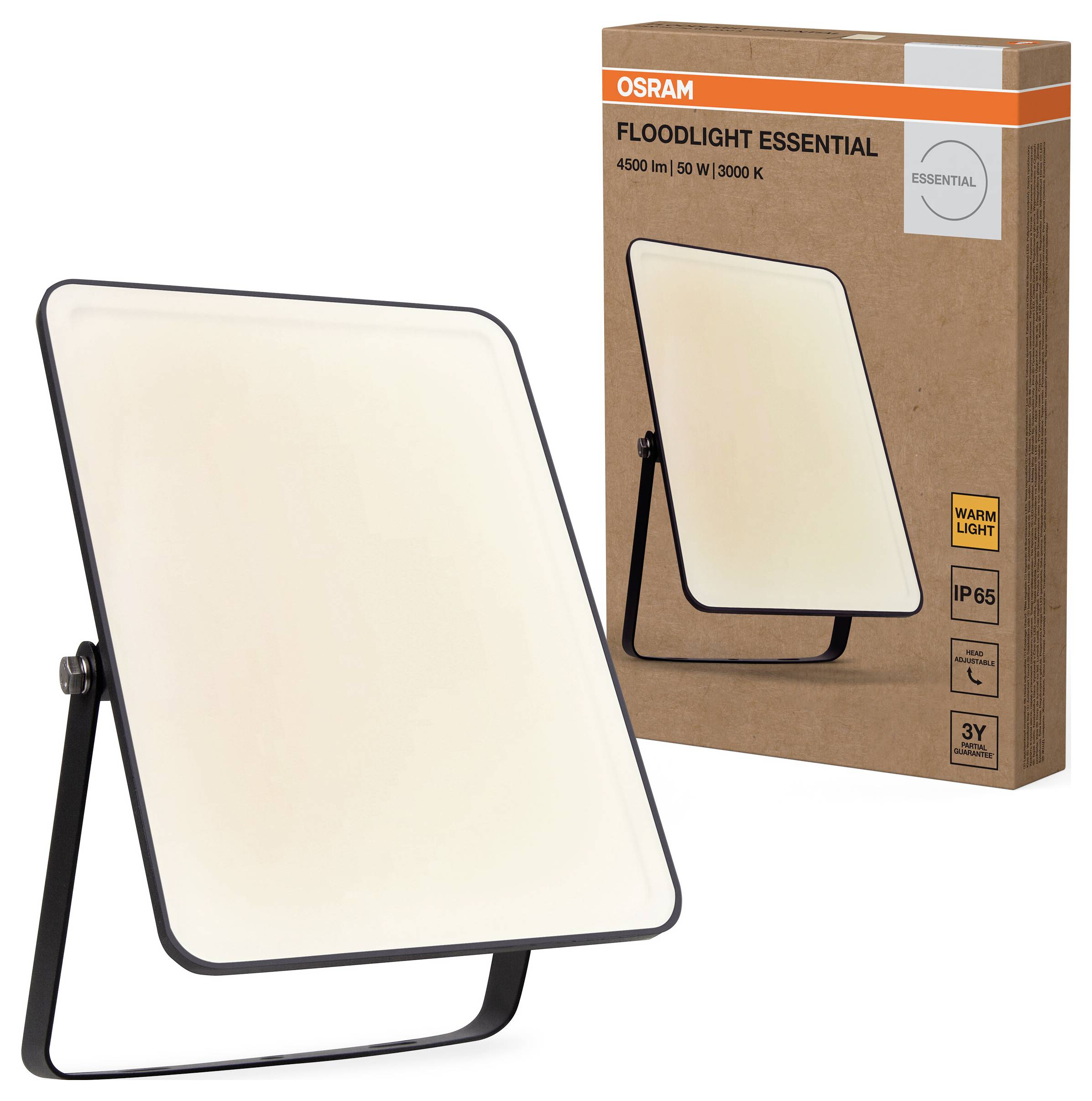 Ein LED-Flutlicht von OSRAM namens 'Floodlight Essential'. Das Licht ist warmweiß, 50 W, 3000 K, IP65, in einer Kartonverpackung.