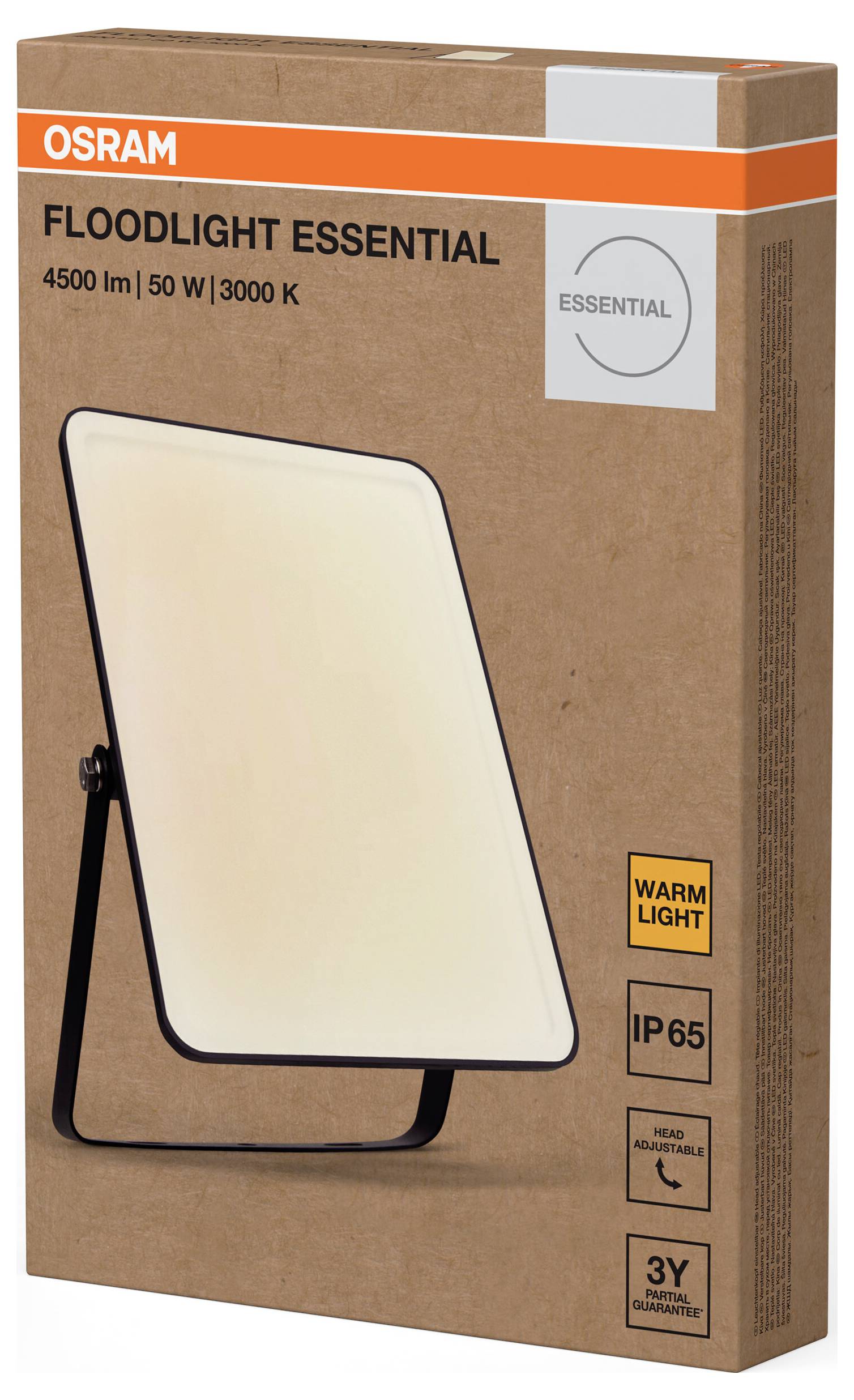 'OSRAM Floodlight Essential' Verpackung. Angaben: 4500 lm, 50 W, 3000 K, IP65, einstellbarer Neigungswinkel, 3 Jahre Garantie.