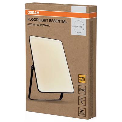 'OSRAM Floodlight Essential' Verpackung. Angaben: 4500 lm, 50 W, 3000 K, IP65, einstellbarer Neigungswinkel, 3 Jahre Garantie.