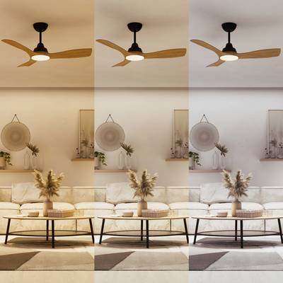 Drei Bilder eines Wohnzimmers mit Deckenventilator, jedes mit unterschiedlicher Beleuchtung. Links warmes Licht, Mitte Tageslicht, rechts kaltes Licht.
