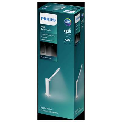 Verpackung einer Philips LED-Schreibtischlampe, 5W, geeignet für verschiedene Szenen, einfach zu bedienen, aufladbar über USB.