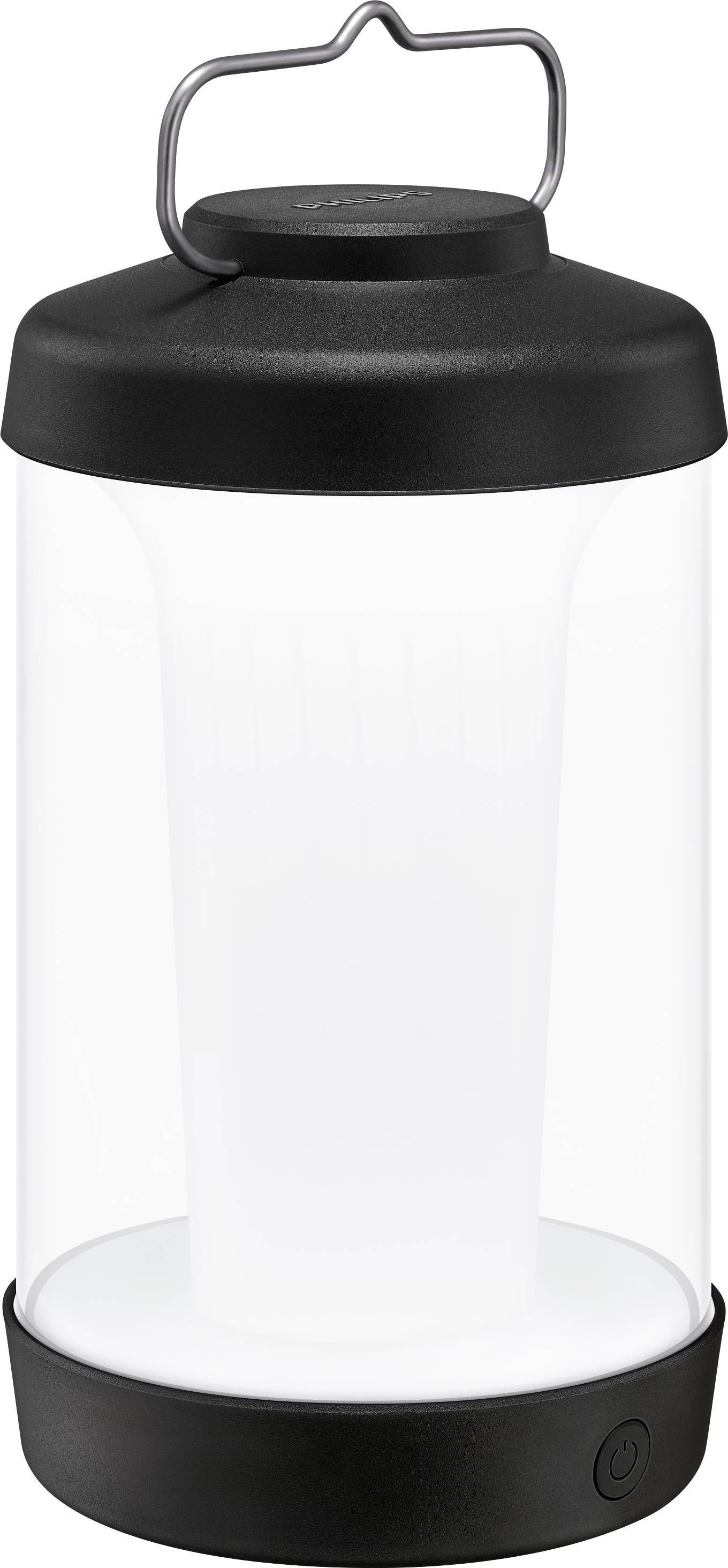Eine schwarze, zylindrische LED-Laterne mit Griff und weiß leuchtendem Inneren, geeignet für Camping oder Notbeleuchtung.