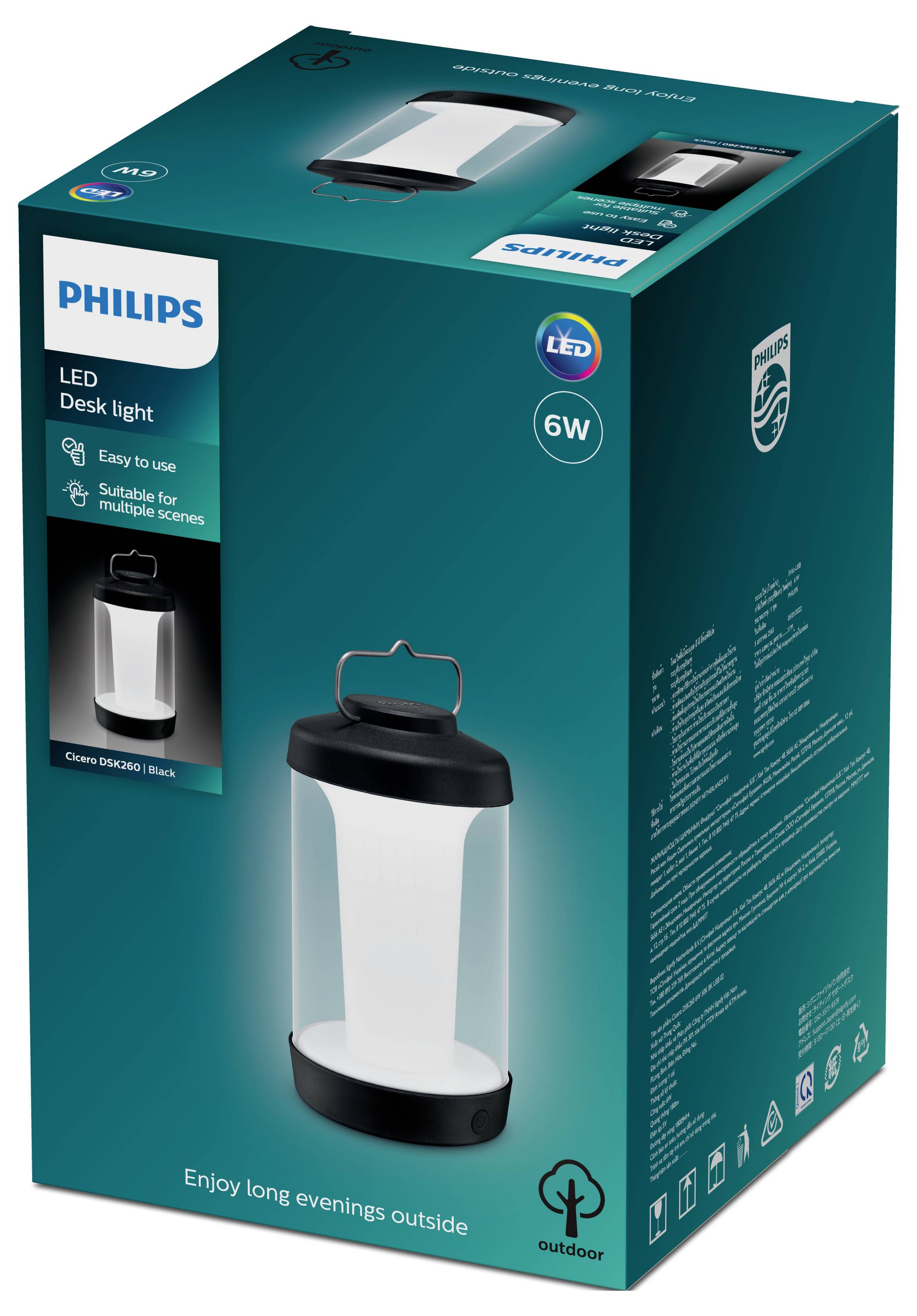 Die Verpackung zeigt eine tragbare LED-Tischlampe von Philips, geeignet für verschiedene Szenen, mit 6W Leistung, in Schwarz und Weiß.
