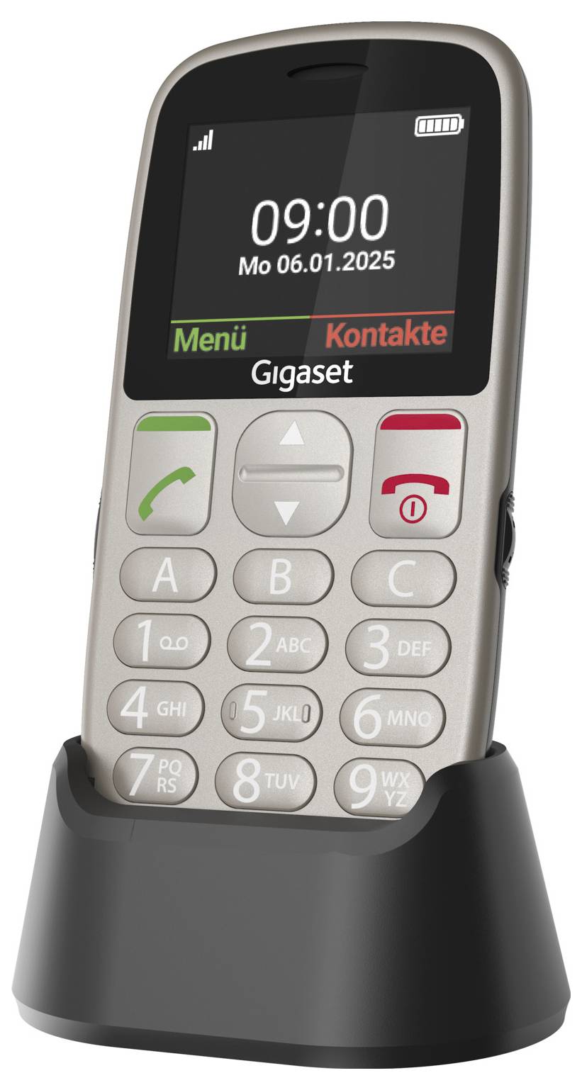 Schnurloses Telefon in Ladestation. Zeigt Datum 'Mo 06.01.2025' und Uhrzeit '09:00'. Tasten für Anrufannahme, -beendigung und Ziffern vorhanden.