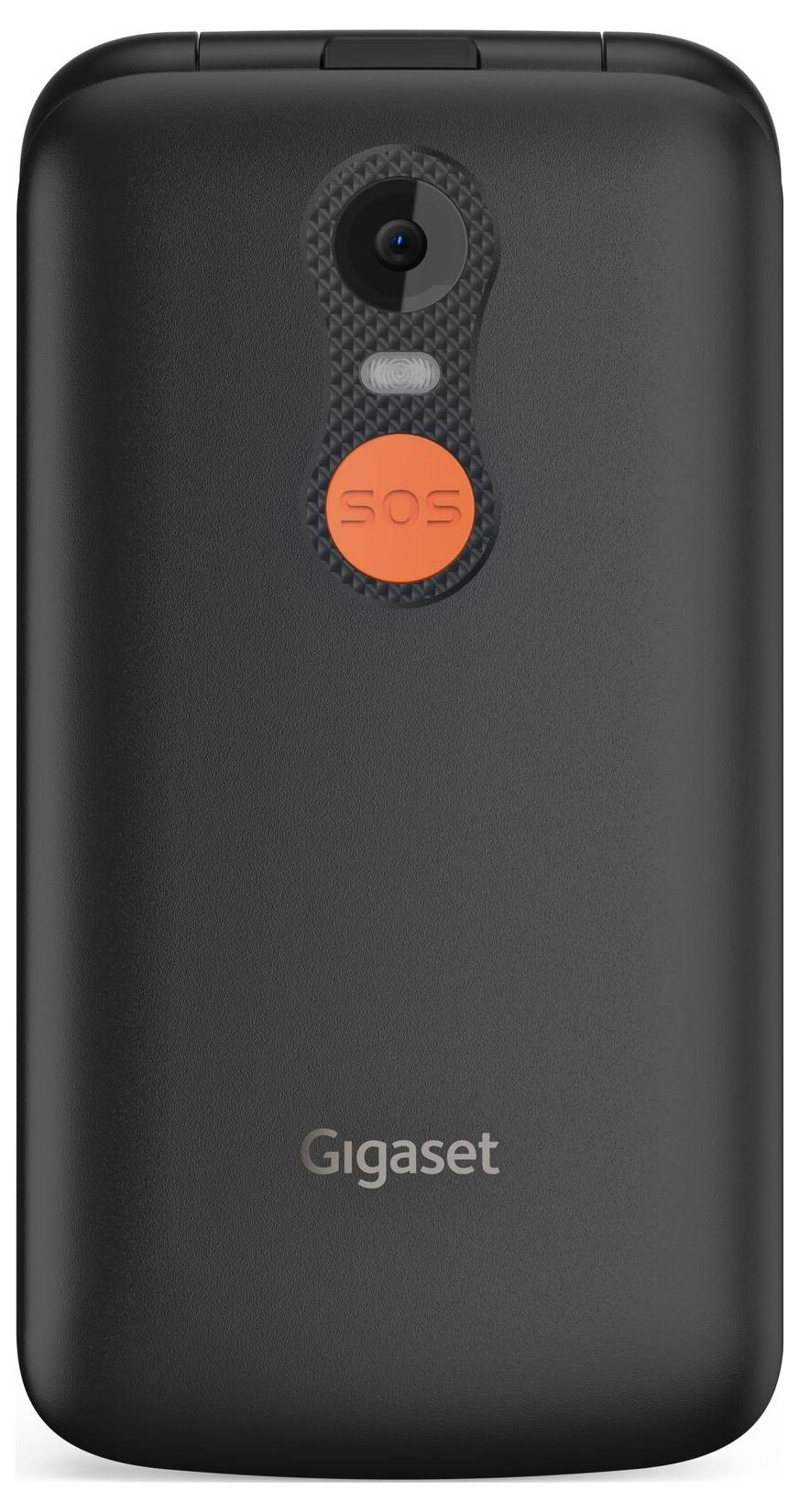 Schwarzes Mobiltelefon von Gigaset mit einer Kamera und einem auffälligen orangefarbenen SOS-Knopf auf der Rückseite.
