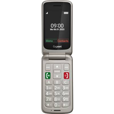 Ein Klapphandy mit großem Display und Tasten. Auf dem Bildschirm werden Uhrzeit '09:00' und Datum 'Mo 06.01.2025' angezeigt.