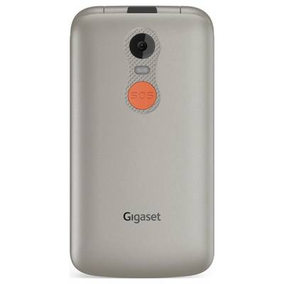 Ein silbernes Mobiltelefon von hinten mit Kamera und rotem 'SOS'-Knopf unter der Linse, Markenname unten auf der Rückseite.