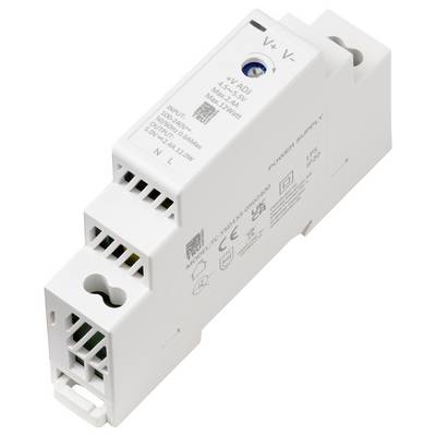 Ein weißes elektronisches Netzteilmodul mit beschrifteten Ein- und Ausgängen, einschließlich V+, V-, N und L, für die Montage auf Hutschiene ausgelegt.