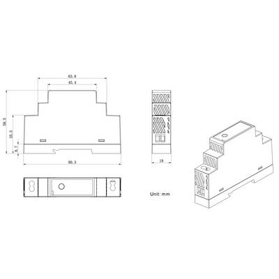 'Technische Zeichnungen des modularen Geräts mit Maßangaben: 90,3 mm Breite, 63,8 mm Höhe und 18 mm Tiefe. Seiten- und Draufsicht enthalten.'