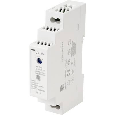 Ein weißes DIN-Schienen-Netzteil mit beschrifteten Eingangs- und Ausgangsanschlüssen, geeignet für 100-240V AC Eingang und 24V DC Ausgang bei 0,625A.