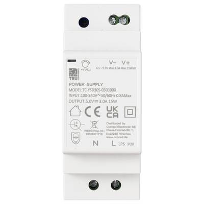 'TRU Components' Netzteilmodul mit Spezifikationen: Modell TC-YSD30S-0503000, 100-240V Eingangsspannung, 5V/3A Ausgangsspannung, max. 15W.