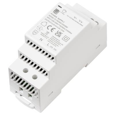 Ein weißes, kastenförmiges Netzteil mit beschrifteten Anschlüssen für Spannung und Stromstärke. Enthält technische Spezifikationen und Zertifizierungszeichen.
