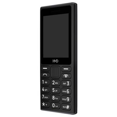 Einfaches Mobiltelefon in Schwarz mit Tastenfeld und kleinem Display, das HMD-Logo unterhalb des Bildschirms.