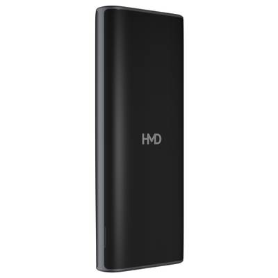 Schwarze Powerbank mit einem glänzenden 'HMD'-Logo in der Mitte. Schlankes, modernes Design ohne sichtbare Anschlüsse oder Tasten.
