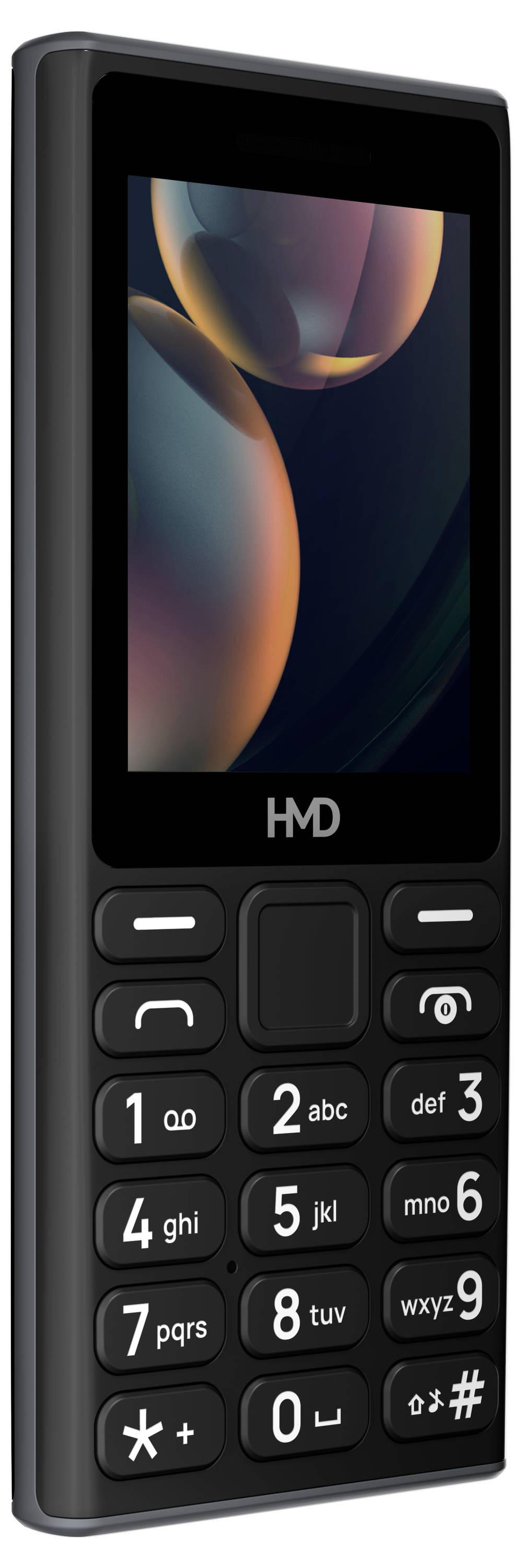 Ein einfaches Handy mit Tasten, schwarzer Hülle und kleinem Farbbildschirm.