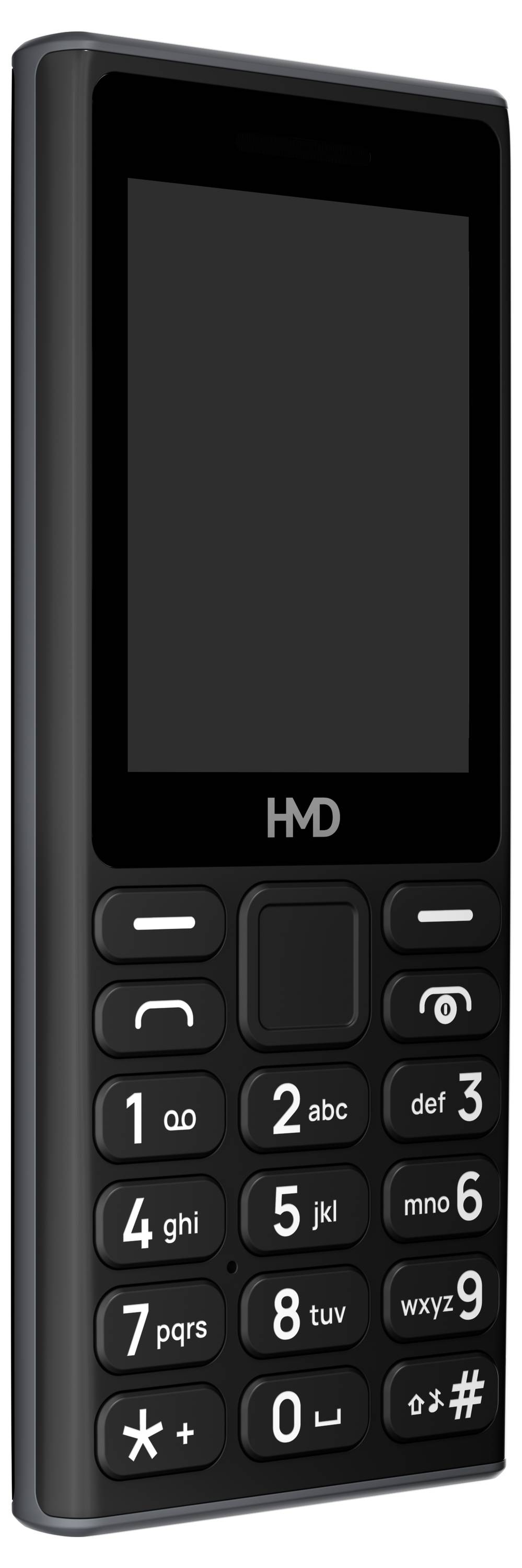 Ein einfaches Mobiltelefon mit Tasten, schwarzem Gehäuse und kleinem Bildschirm.