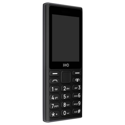 Ein einfaches Mobiltelefon mit Tasten, schwarzem Gehäuse und kleinem Bildschirm.