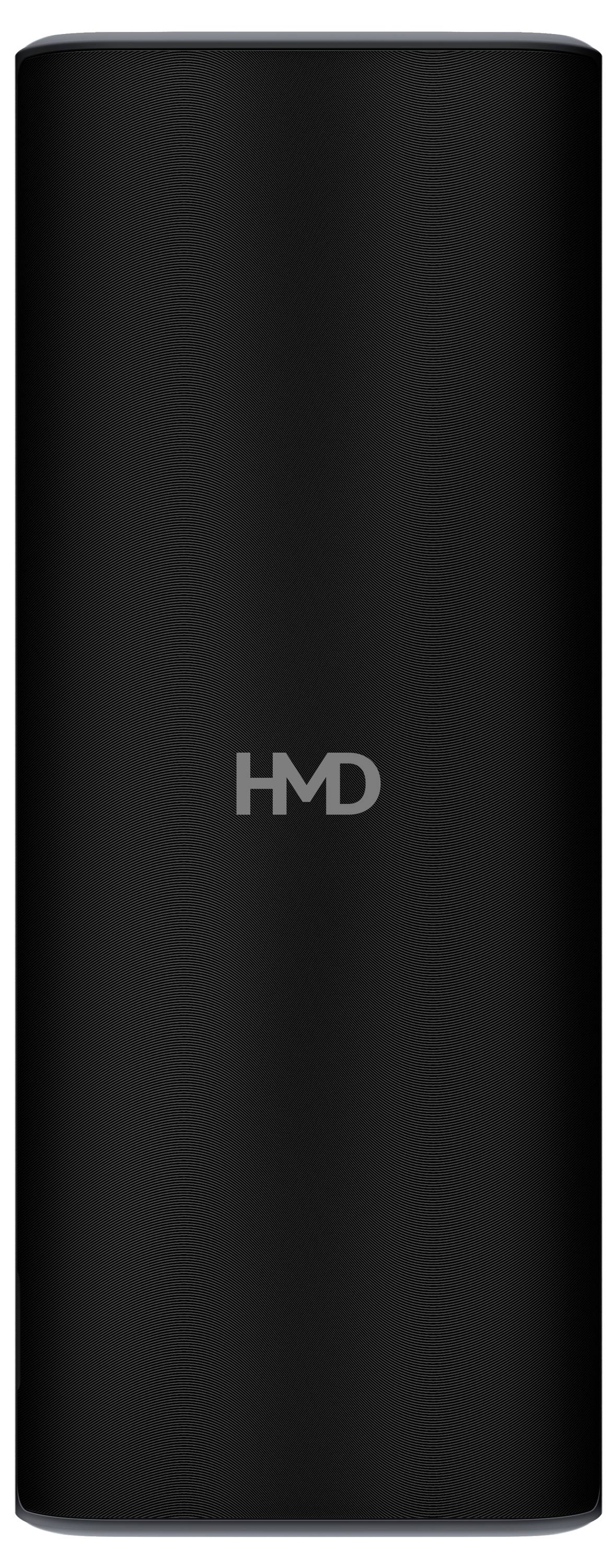 'Schwarzes, rechteckiges, tragbares Ladegerät mit HMD-Logo in der Mitte.'