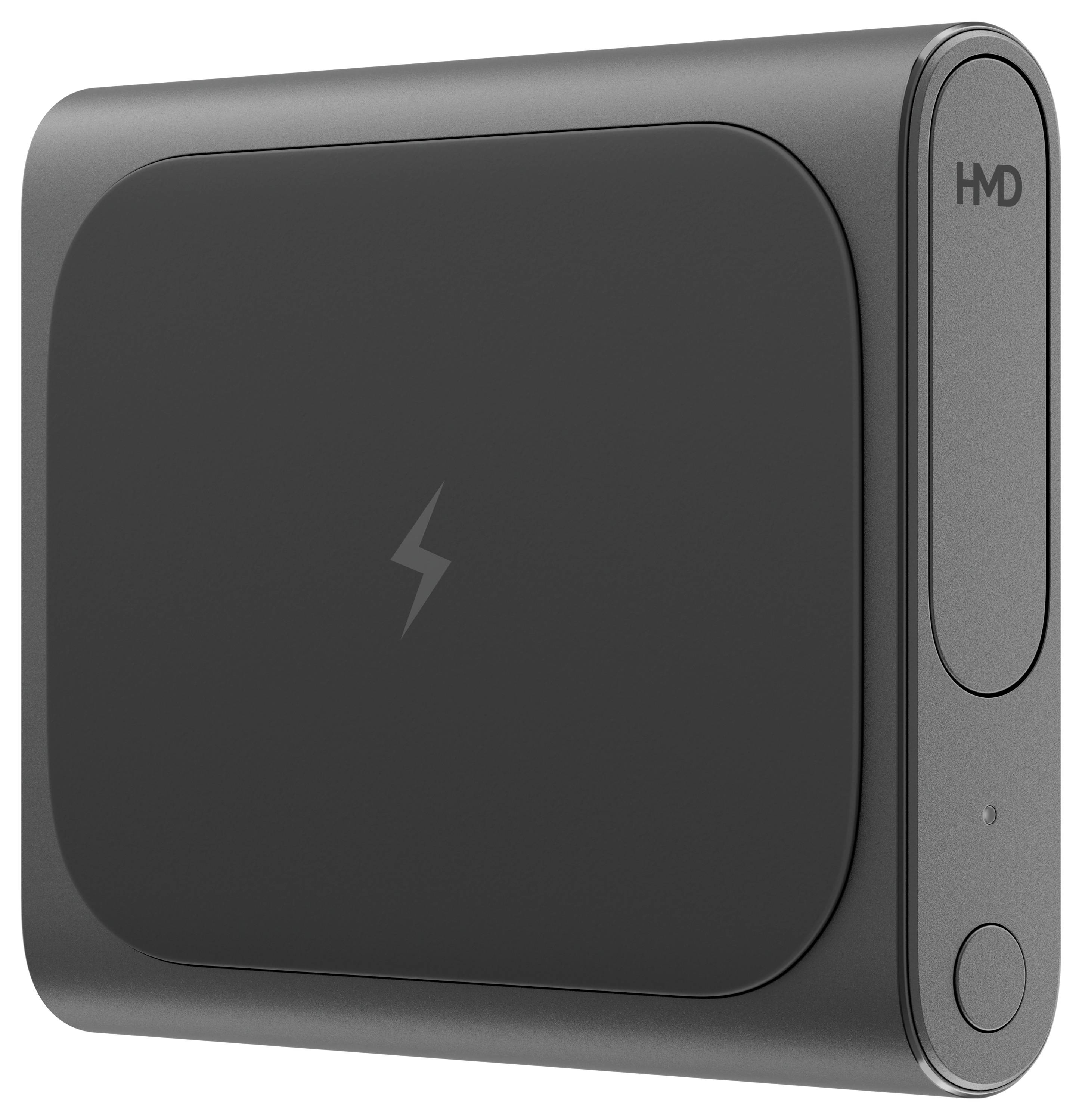 Tragbare externe Festplatte in Schwarz, mit einem Blitzsymbol in der Mitte, flache und kompakte Bauweise.