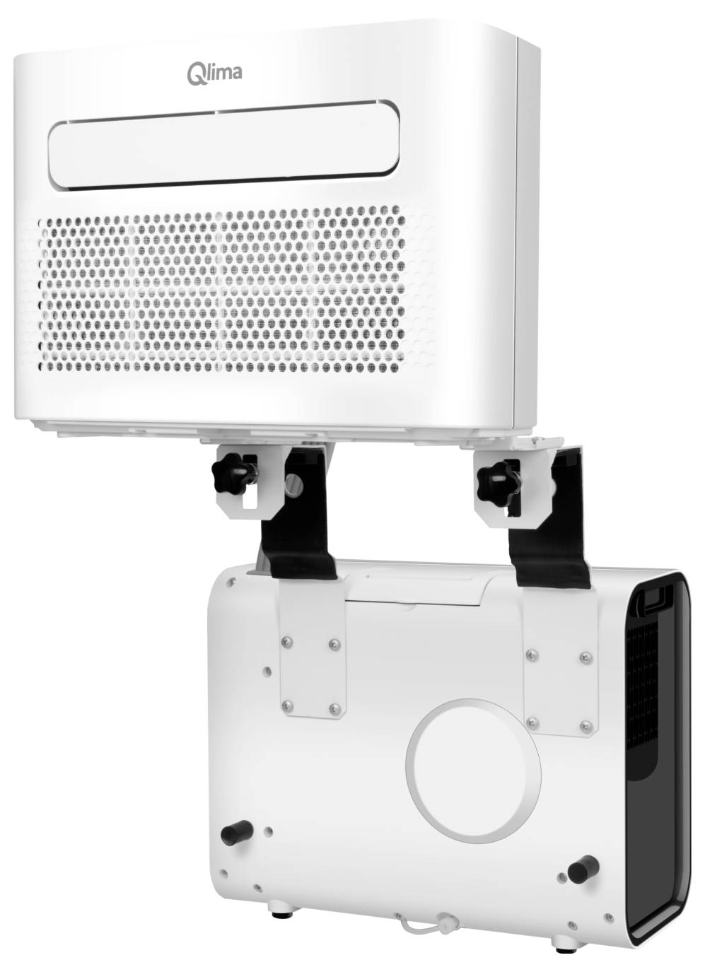 Weiße Klimaanlage mit rechteckigem Gitterdesign und schwarzem Digitaldisplay; montierbar über stabile Halterung.
