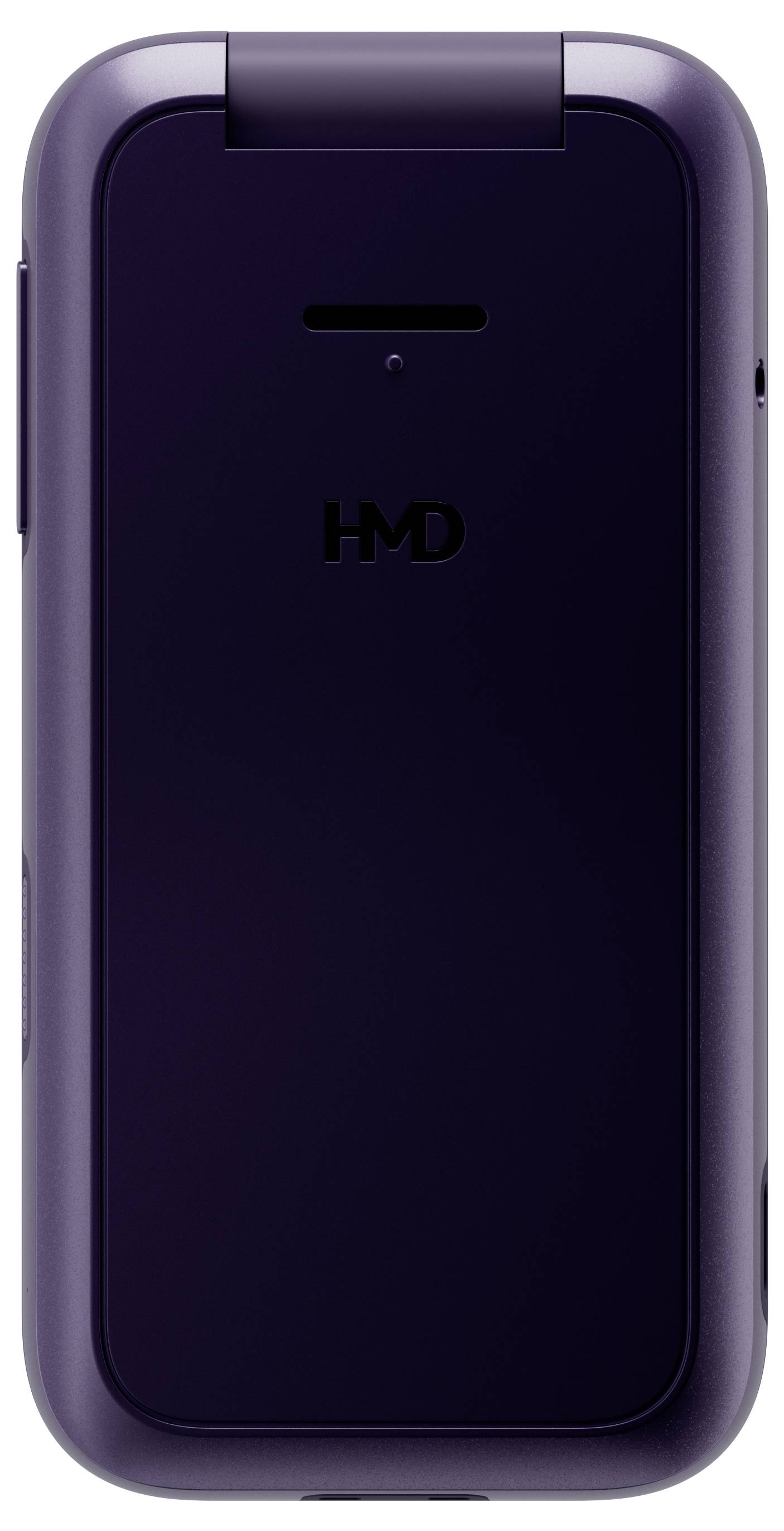 Ein lila Klapphandy mit dem Logo 'HMD' auf der Vorderseite. Das Design ist minimalistisch und ohne sichtbare Tasten oder Bildschirme.